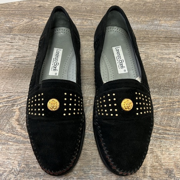 Lorenzo Banfi 1759 Black Suede Loafers Gold Studded Italian Made Size 10.5 main image 6